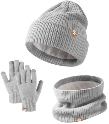 Lot de 3 Gants D'Hiver TricotéS pour Enfants avec Bonnet, Moufles Tactiles, Cache-Cou pour Garçons et Filles de 5 à 14 Ans