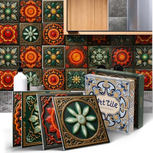 WCANSucess 12pcs Green and Orange Tile Stickers, Kitchen Bathroom Wall Tile Stickers Peel and Stick on Tile Transfers Covers Decals Self Adhesive Waterproof Decor (15cm x 15cm, 5.9x5.9 inches)