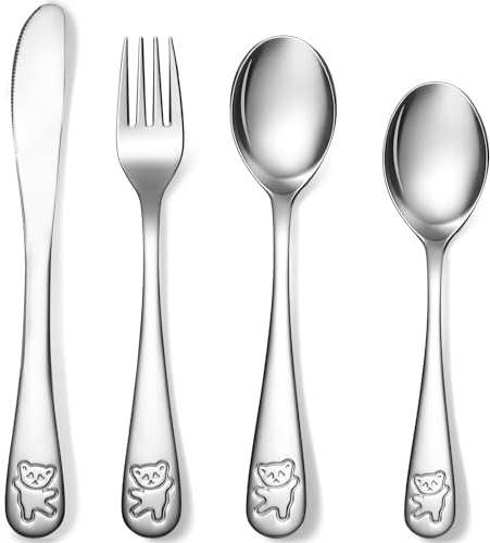 4er Set Kinderbesteck aus Edelstahl, Bärendesign, Ab 3 Jahren | Glatte Kanten, 4-Teilig Mit Löffel, Gabel, Messer Und Teelöffel, Spülmaschinenfest