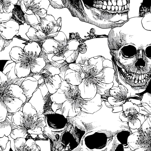 DERUINVAIO Self Adhesive Peel and Stick Wallpaper 45x300cm Skulls Cherry Blossoms Black White Line Art Design Wall Paper Roll Waterproof Removable Contact Paper Vinyl Wrap for Furniture Living Room