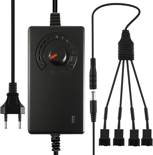 Joycabin 4 Pin PWM Lüftersteuerung 12V, PC Lüfter Drehzahlregler | Einstellbarer PWM Lüfterregler mit 3-12V Spannung, 1 auf 4 Adapterkabel für PC Lüfter, einfache Geschwindigkeitssteuerung
