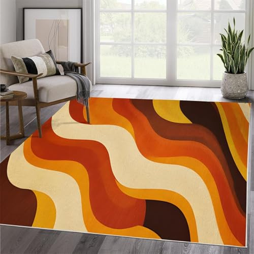 Teppich im 70er-Jahre-Stil, Retro-Design mit abstrakten, farbenfrohen Wellenformen, Mid-Century-Modern-Teppiche, orange, waschbar, rutschfest, Boho-Stil, für Wohnzimmer und Schlafzimmer 120x185cm