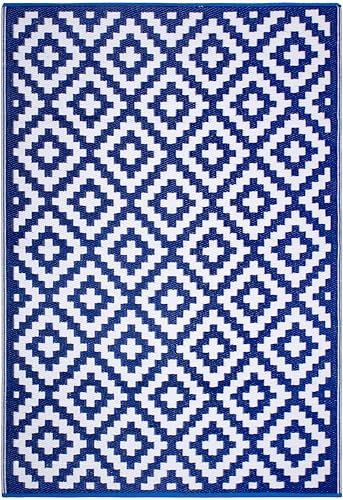 FH Home Outdoor-Teppich - wasserdicht, farbecht, wendbar - recycelter Premium-Kunststoff - Geometrisch - Terrasse, Veranda, Balkon - Aztec - Schwarz & Weiß knitterfrei - 150 x 240