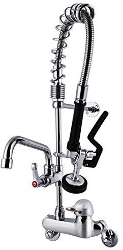 POUGEO Gastro Wasserhahn Gastronomie Küchenarmatur I 4-8zoll Zweiloch Wandmontage I Singlegriff Schalten | Gastro Handbrause mit Zubehör | 12 Zoll Schwenkauslauf | Gastro Küchenarmatur 47zoll Höhe