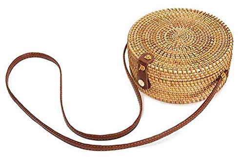 Handgewebte, runde Rattan-Tasche mit Schulterriemen, Lederriemen für Damen