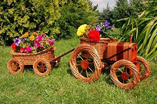 DEKO VERTRIEB BAYERN Premium Traktor+Anhänger 120cm Korbgeflecht Rattan Körbe Pflanzkorb Pflanzkasten, Gartendeko, Pflanzkasten, Blumenkasten, Pflanzhilfe, Pflanzcontainer, Pflanztröge, Pflanzschale