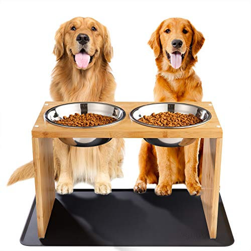 Yangbaga-Support à Bol pour Grand Chien, Support Elevé en Bois avec 2 Gamelles INOX de Grande Taille,Inclus1Tapis Antidérapant pour Chien et Chat-43.5 x 23 x 30 cm