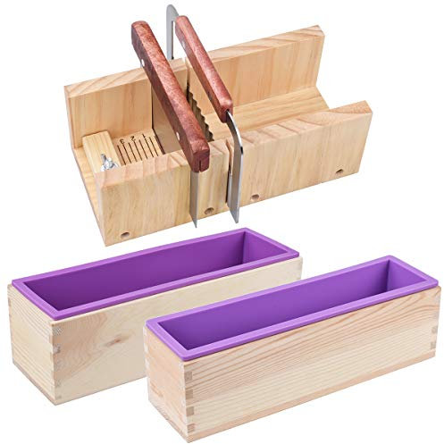 AOFOX Moule à savon en bois et ensemble de coupe - 2 pièces de moule rectangulaire en silicone de différentes tailles et 1 pièce de coupe droite en acier inoxydable et coupe-vague
