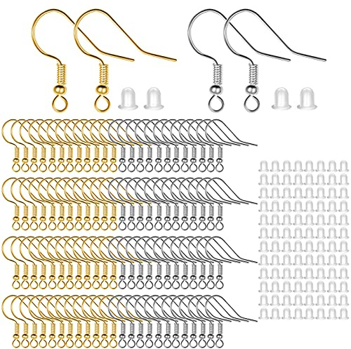 Earring Hooks for Jewellery Making,100PCS Silver Hooks & Silicone Backs | Silver&Gold Sterling Earring Hooks with Clear Silicone Ear Backs,Hypoallergenic Jewellery Making Supplies