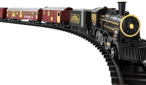 TEMI Train Set for Kids 3-12 Years, Electric Classical Steam Engine Locomotive with Steam, Light and Sounds, Rechargeable Model Trains Kit Toys w/Passenger Carriage for Boys and Girls