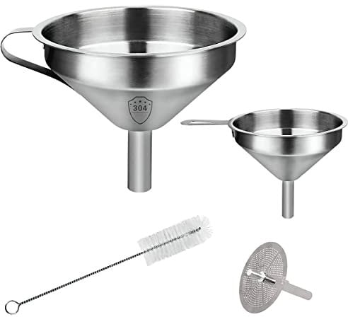 Trichterset Lebensmittelecht, XiXiRan 2 Stück Trichter Edelstahl 304 (klein,groß) und Filter, Ø5 Zoll Küchentrichter mit Abnehmbarem Sieb und Rohrbürste