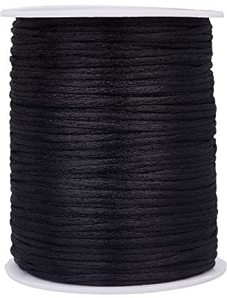 PandaHall 100m Cordons de Satin Rattail, 2 mm Chaîne de Perles de Soie Noire Cordon de Garniture Soyeux Crafes décoratives String pour macramé Garniture Bijoux capteurs de rêve Cheveux de Tresse