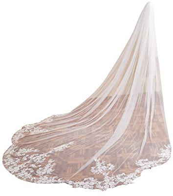 EllieWely Cathedral Length 1 Tier Lace Wedding Bridal Veil F13, Ivory, 118inch