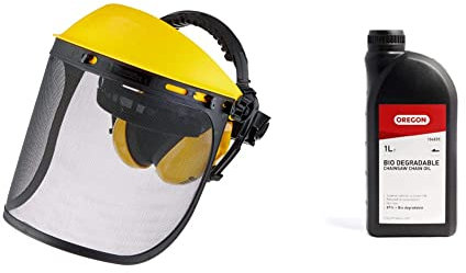 Oregon Q515061 Browguard, Ear Protectors & Steel Mesh Visor Combination, Adjustable Safety Face Shield with Ear Muffs & Biodegradable Chainsaw Chain & Guide Bar Oil, Chainsaw Oil for Chains, 1 Litre
