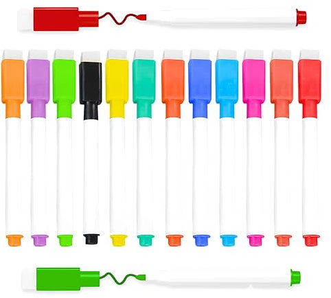 IRENOS® Whiteboard PensPack of 12, 12 Multi-Color Whiteboard Markers with Eraser, Fine Tip Colorful Marker Pens Best for Kids, Toddlers, & School Supplies (Multicolor)