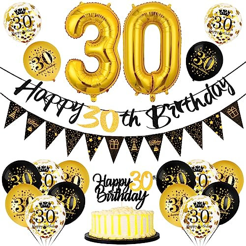 Bluelves 30. Geburtstag Deko Set, Schwarz-Gold, Luftballon 30, Banner, Wimpelkette, Cake Topper für Party Dekoration