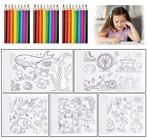 AUAUY Set di 5 con 8 Matite Colorate Ciascuna, con 5 Rotoli di Carta da Disegno, Gadget Compleanno Bambini, Piccolo Regalo per i Bambini Contro la Noia, Regalini Fine Festa Bambini