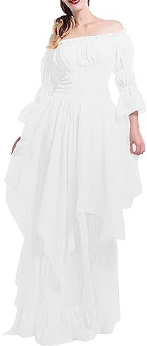 Robe Blanche Halloween - Robe en Dentelle à Manches évasées pour Femmes Robe Gothique rétro Costume Médiéval Hommes Bottes