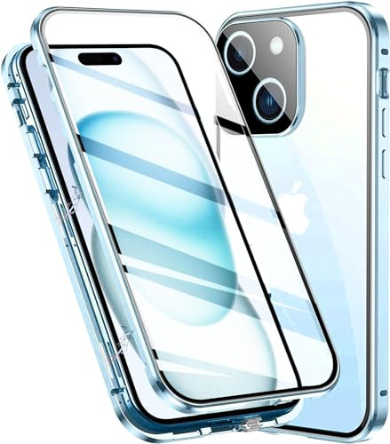LIUKM Hülle für iPhone 15 Magnetische Adsorption Handyhülle 360 Grad Stoßschutz Vorne hinten Gehärtetes Glas Schutzhülle Metallrahmen Case - Blau
