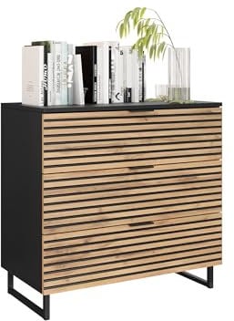 Mirjan24 Kommode Tranai 3S mit 3 Schubladen, gefräster Front, B:80 x H:76 x T:40 cm, Highboard, Anrichte, Sideboard, Mehrzweckschrank, Wohnzimmerschrank (Schwarz Graphit/Eiche Wotan)
