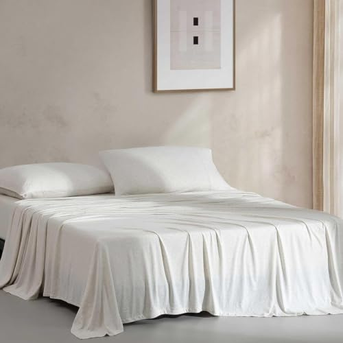 Calvin Klein - Queen Size Sheets Set, Naturally Soft Cotton-Blend Melange Jersey Bedding - Bed Sheets with Matching Pillowcases & Fitted Sheet (Modern Cotton Ivory/Grey)
