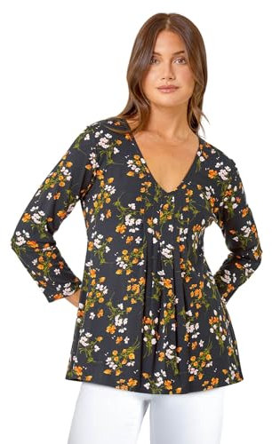 Roman Originals Smock Tunic Top for Women UK - Ladies Everyday Autumn Winter V-Neckline Comfy Soft Evening Vacation Work Party Night Out - Black - Size 10