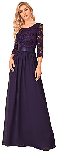 Ever-Pretty Vestito Donna Elegante Cerimonia 3/4 Manich Stile Impero Maxi Linea ad A Pizzo Chiffon Abiti da Damigella Viola Scuro 46