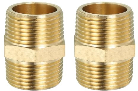PATIKIL Solid Brass Hex Nipple Pipe Fitting Thread Adapter, 2 Pack 1 NPT x 1 NPT Male Water Line Connectors Couplings