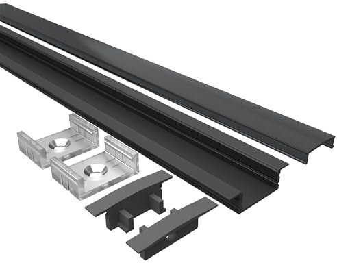 Tivendis Led Alu Profil 2 m EF Komplett Set für Strip/Streifen bis 12 mm breit | Abdeckung schwarz, Endkappen | Einbau Fußleisten Flachprofil eloxiert