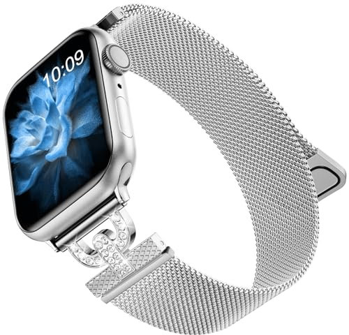 MaEiol Metallo Cinturino per Apple Watch 49mm /45mm /44mm /42mm /46mm(Series 11/10), Cinturinio Magnetico Diamante Acciaio Inossidabile per iWatch Ultra 2/SE/Series 11 10 9 8 7 6 5 4 3 2 1, Argento