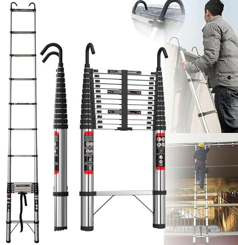 5M Teleskopleiter mit Haken Edelstahl Leiter Klappleiter Ausziehleiter Stehleiter Rutschfester, Teleskop-Design, aus hochwertigem Edelstahl, Tragbar, Leichte, Belastbarkeit 150 kg