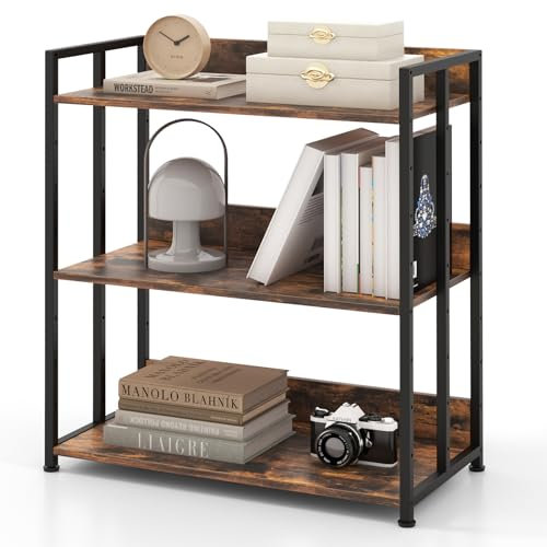 CASART 3/5-Tier Storage Shelf, Industrial Bookshelf Wooden Shelving Unit with Adjustable Shelf & Metal Frame, Home Office Display Storage Unit (Rustic Brown, 3-Tier: 70 x 35 x 81cm)
