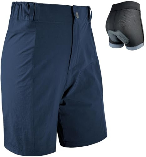 Radlerhose Damen Mountainbike-Radhose 2 in 1 gepolstert MTB Shorts Frauen fahrradhose mit Polsterung Fahrrad Radfahrhose Reißverschlusstaschen Tiefblau S
