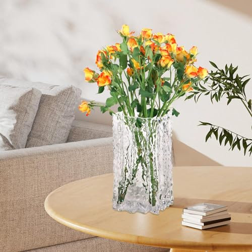 QEEYON Glas Blumenvase,Rautenförmige Vase, Moderne Gletscherglasvase 21cm, Glasvase Gross,Durchsichtige Glasvase,Glas Blumenblume Pflanzenbehälter für Home Office Dekor, Glas Tischdeko