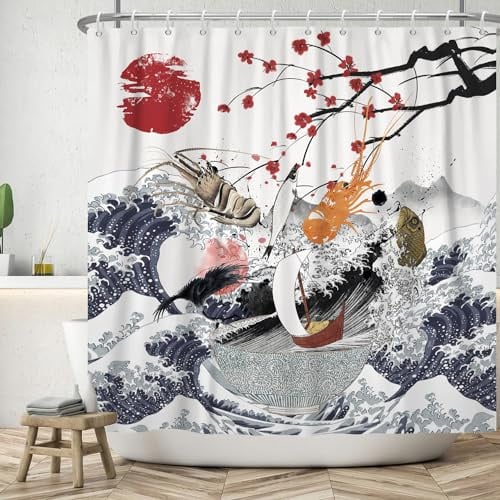 SDOTPMT 180x243cm Grande Vague Rideau de Douche océan Fuji Mont Rouge Soleil Voile Poisson crevette Cerisier Fleur Asie Japon Traditionnel Ukiyo - e Art avec Crochet Rideau de Douche