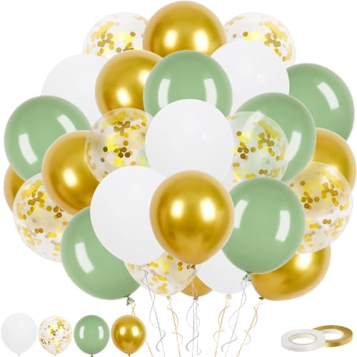 Luftballons Grün Gold, 60 Stück Grün Gold Ballons, 12 Zoll Salbei Grün Metallic Gold Konfetti Ballons und Weiße Latex Luftballons mit Band für Geburtstag Hochzeit Kinder Baby Shower Party Dekoratione