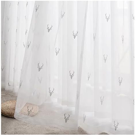 PSKJHN 2 Stück Hirsch Stickerei Vorhang Voile, Tüll Transparent Gardinen Ösenschal/Kräuselband Fensterschal Für Wohnzimmer Schlafzimmer Balkon, W140xL270cm, Eyelet