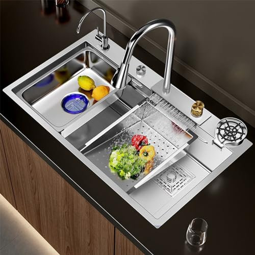SJDUYD Stainless Steel Large Kitchen Sink, Undermount & Topmount, 75 * 45 * 21cm
