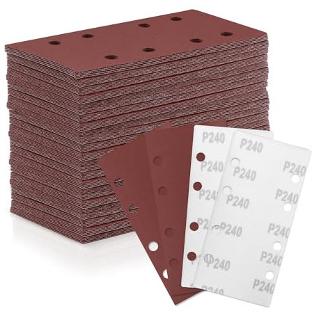 ZEHIQ Juego de 100 hojas de lija, 93 mm x 185 mm, grano 240, 8 agujeros, papel de lija con velcro, varios accesorios, materiales para lijadora orbital