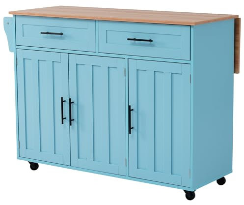 Azkoeesy Carrito de cocina con 5 ruedas, isla de cocina con encimera ampliable, armario de cocina, carrito de servir, con 2 cajones y estante, 129 x 91,5 x 46-71 cm (azul)