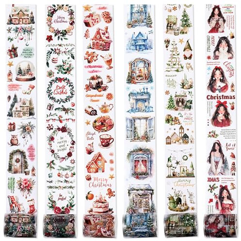 Kraeoke Set di 6 rotoli di nastro in PET Washi per scrapbook di Natale, adesivi per album fotografici, biglietti di auguri e pacchetto regalo