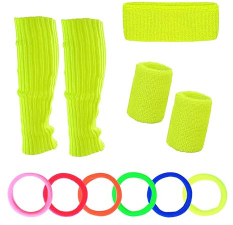 Werownsgso Lot de 4 jambières fluo des années 80 avec bandeau éponge et chouchou, jaune, taille unique