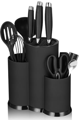 Zhufas 3 in 1 Messerblock ohne Messer, Runder Messerhalter mit Schlitzen, Messerblock Organizer für Alle Küchenmesser Geeignet, Schwarz
