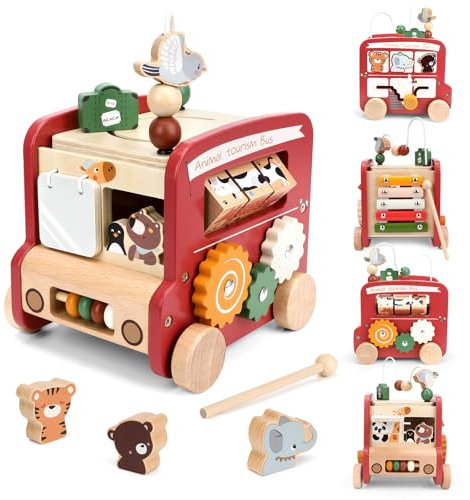 Lueirltoy Motorikwürfel Holzspielzeug Motorikschleife, 9 in 1 Hölzerne Aktivität Würfel für Ab 1 Jahr Spielzeug Bus Holz Aktivitätswürfel Cube Baby Holzspielzeug kinderspielzeug