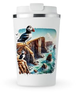 MAXIKIWI - Insulated Double Walled, Leakproof Stainless Steel Mug, Coffee or Tea Travel Tumbler with Lid, Keep Drinks Hot and Cold - Magdalen Islands - 350ml