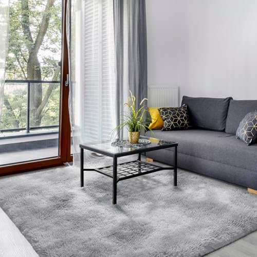 SOANNY Hochflor Wohnzimmer Teppich, Waschbar Anti-Rutsch & Flauschig, Tie-Dye Langflor Shaggy Teppiche für Schlafzimmer & Kinderzimmer, Bettvorleger Matte, 140 x 200 cm, Hellgrau