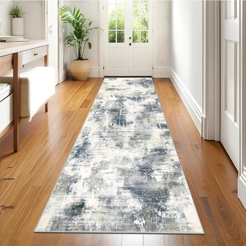 SHACOS Langer Flur Teppich Läufer rutschfest 65x180 cm, Küchenteppich Waschbar Teppichläufer Abstrakt Modern Flurteppich Läufer Lang Kurzflor Teppich Läufer für Flur, Küche, Schlafzimmer, Blau