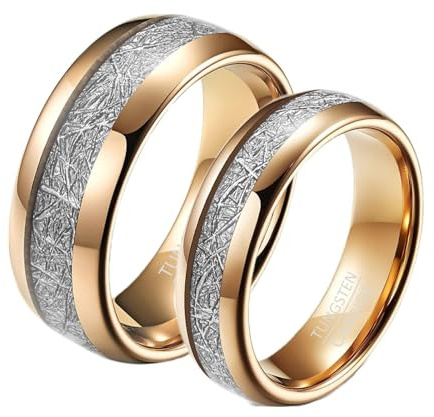 Lirzxin Partnerringe Wolfram, Freundschaftsringe Frauen Männer Verlobungsring Paar 6/8MM Poliert Rund Eingelegte Metallfolie mit Gravur Rosegold Damen Größe 62 (19.7) & Herren Gr. 62 (19.7)