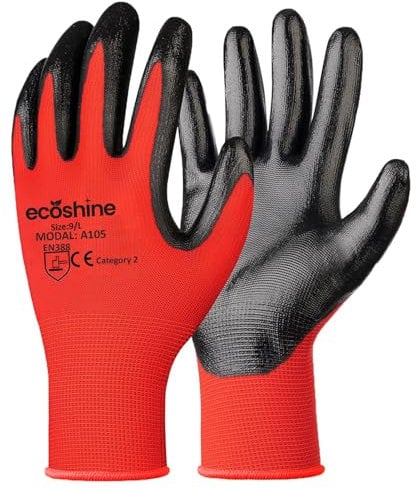 Ecoshine Supplies 24 Pairs work Gloves Red Nitrile Coated Gloves, Heavy Duty Non-Slip Grip for Building and Gardening Warehouse Gloves PREMIUM Quality (Medium/8)