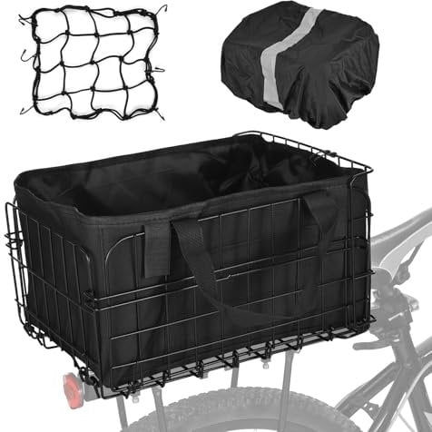 Aomiun Foldable Bike Baskets 60L Bike Cargo Basket Folding Rear Metal Basket with Removable Liner Bag Rain Cover Net Bag Quick Release for Carrying Grocery Pets (Black)